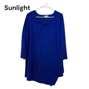 Kim Rogers Womens Curvy SZ 1X Blue 3/4 Sleeve Knit Tunic Top With Crochet Hem